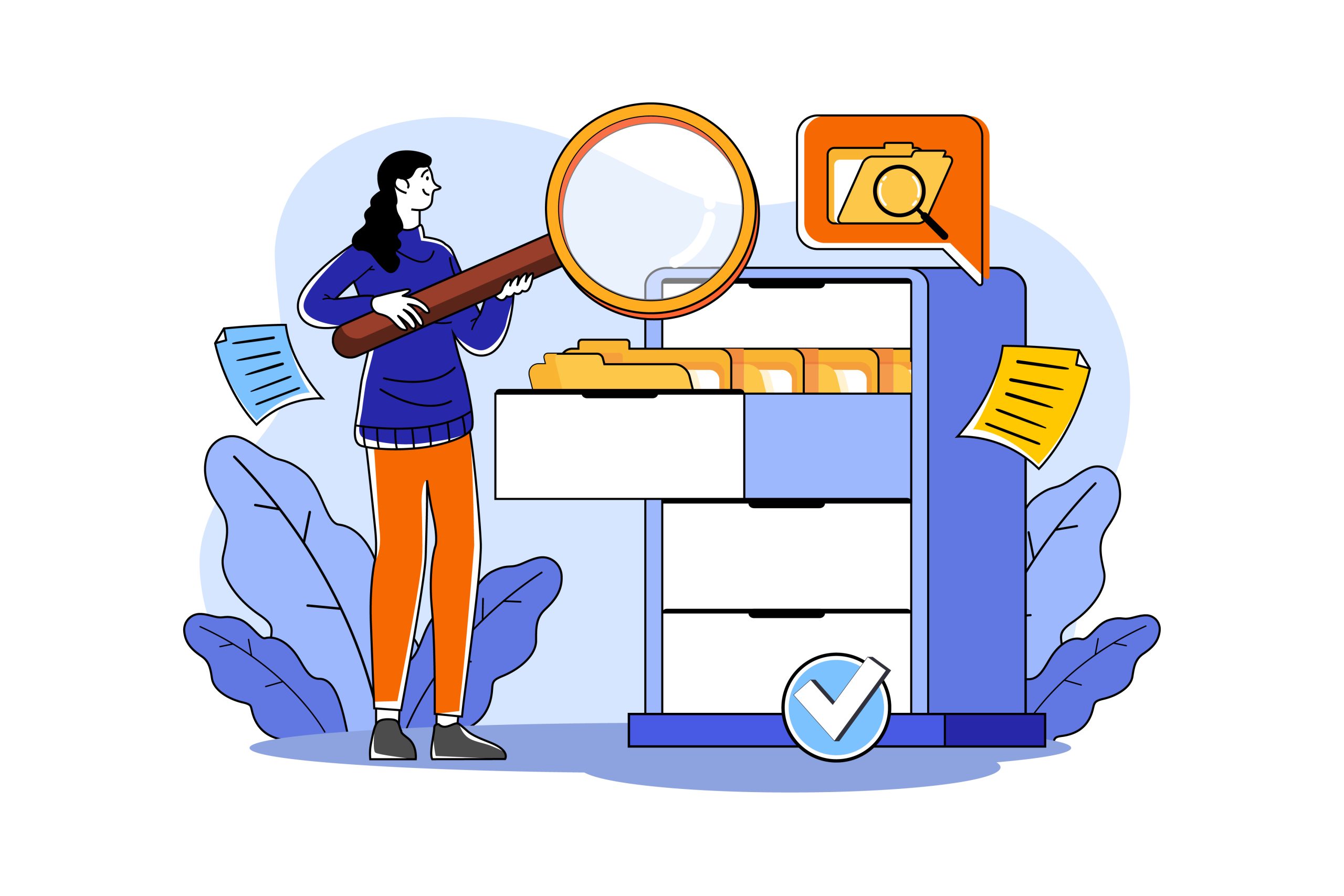 Illustratie van vrouw die met vergrootglas in archiefkast kijkt